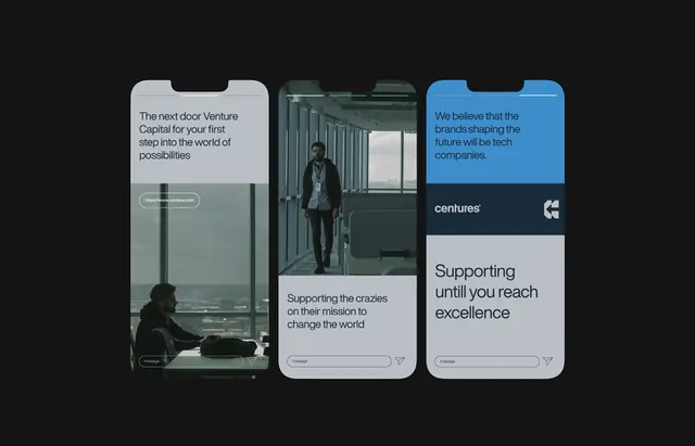 Centuries venture mobile pitch cards layout, minimal, corporate-clean, dark