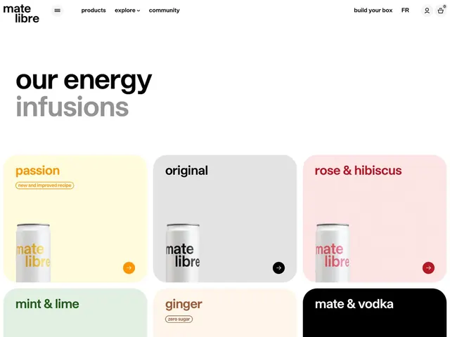 Pastel product grid showcase for Mate Libre energy-drink variants, minimal, flat, pastel