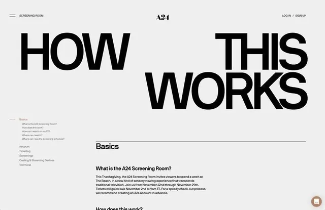 A24 Screening Room explainer page, minimal, editorial, light