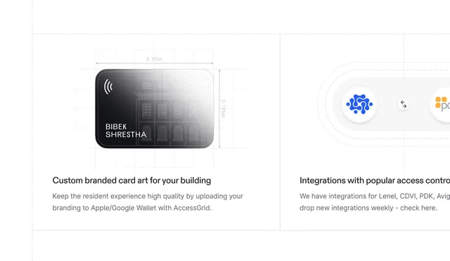Access card UI mockup with dimensions and integration logos, minimal, technical, light