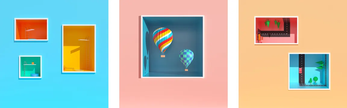 Geometric Hot Air Balloon Composition, minimal, geometric, vibrant