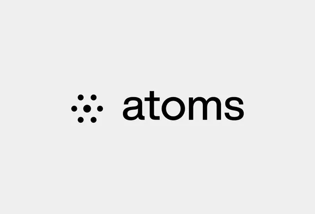 Atoms wordmark with geometric dot-pattern icon, minimal, geometric, light