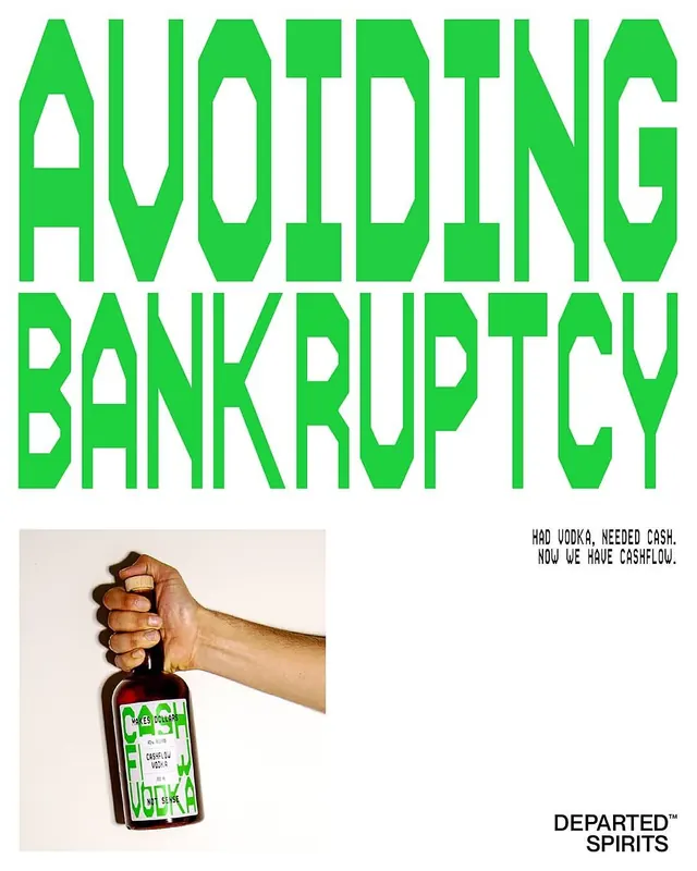 Avoiding Bankruptcy spirits label and bottle photograph, minimal, photographic, light