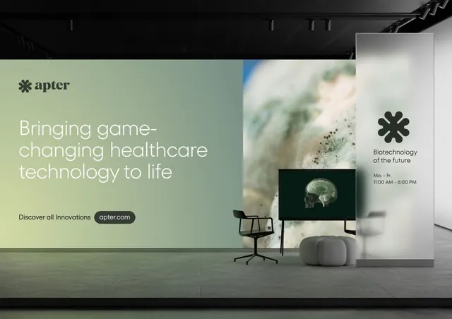 Apter biotech event signage with split-screen layout, minimal, corporate-clean, light