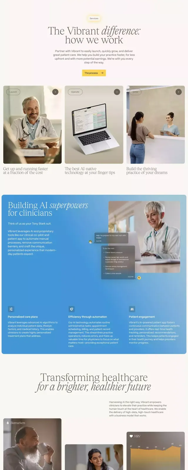 Healthcare landing page with warm gradient and modular grid, corporate-clean, minimal, light