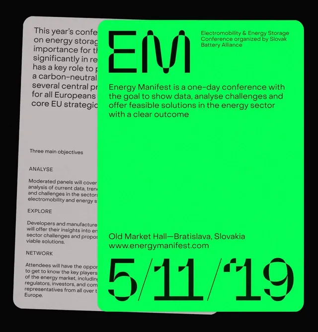 Energy Manifest conference poster, lime-green split, minimal, corporate-clean, dark