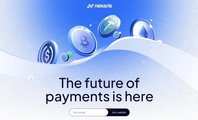 Nexaris fintech landing hero with floating crypto icons, minimal, gradient-heavy, cool