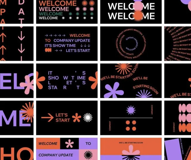 Motion graphics template grid with welcome and startup messaging, minimal, geometric, dark
