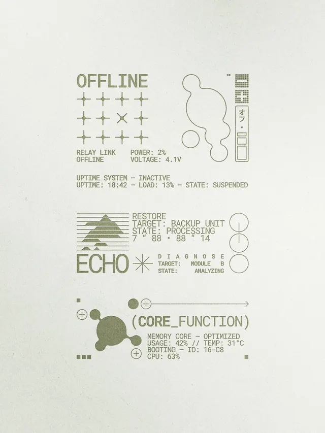 System diagnostic infographic, monochrome hardware status, technical, minimal, light