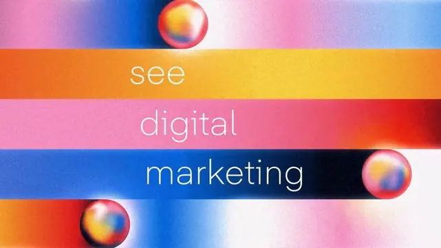 Colorful gradient bands with glossy spheres and text, gradient-heavy, abstract, warm