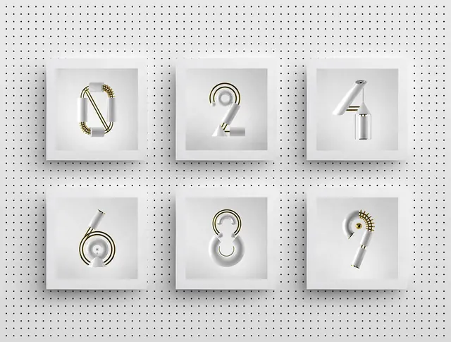 Metallic Number Set, 3d-render, minimal, light