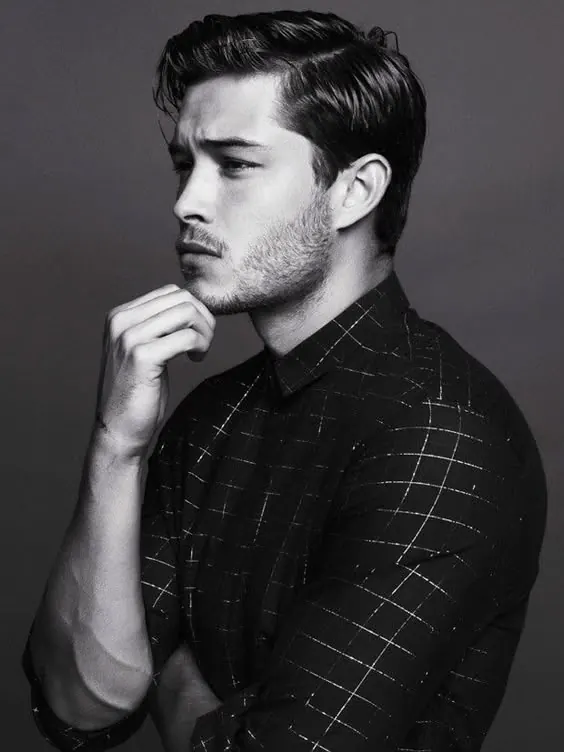 Male Portrait in Patterned Shirt, monochrome, photographic, monochrome