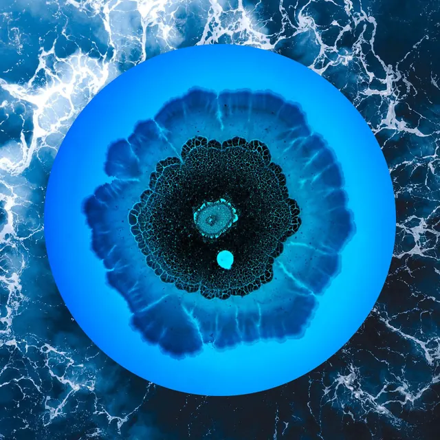 Blue circle organic form on ocean, abstract, 3d-render, cool