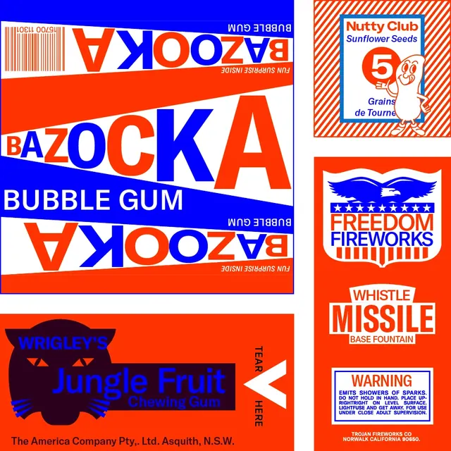 Retro Bubble Gum and Fireworks Packaging, retro, maximalist, vibrant