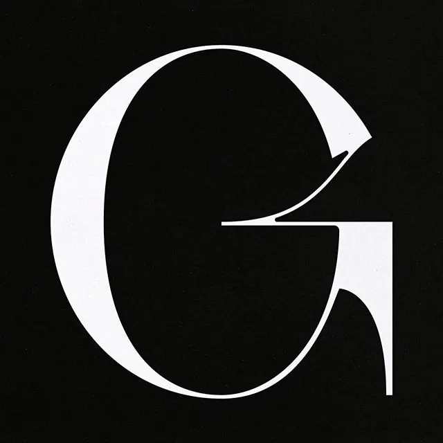 High-contrast serif G letterform, minimal, luxury, monochrome