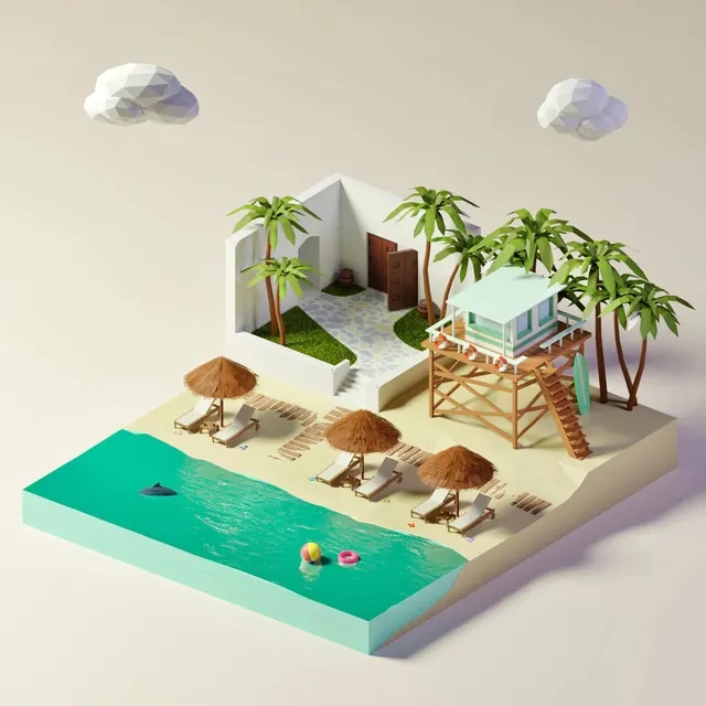 Low-poly isometric beach diorama, 3d-render, minimal, light