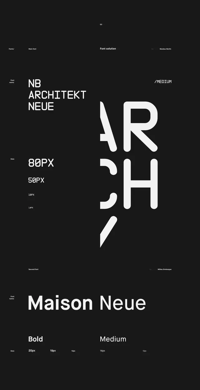 NB Architekt Neue and Maison Neue specimen, minimal, swiss, dark