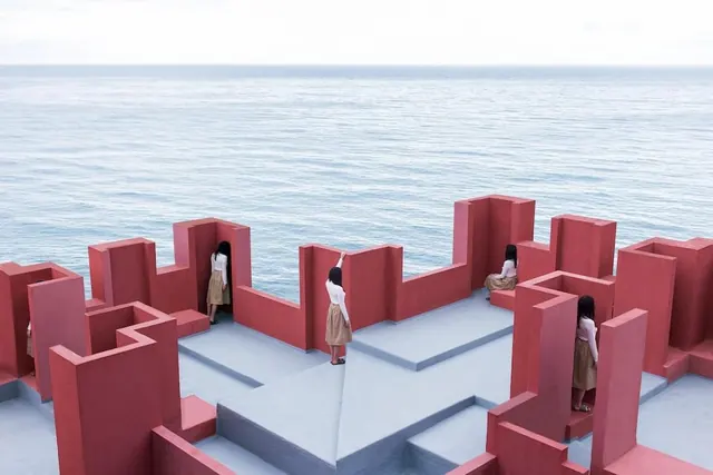 Red Modular Architectural Structure, minimal, geometric, vibrant