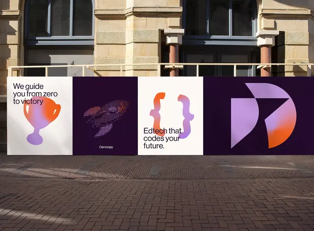 Edtech brand billboard, purple-orange gradient panels, minimal, corporate-clean, warm