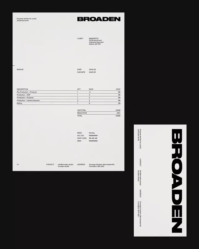 Broaden studio invoice and stationery design, minimal, corporate-clean, dark