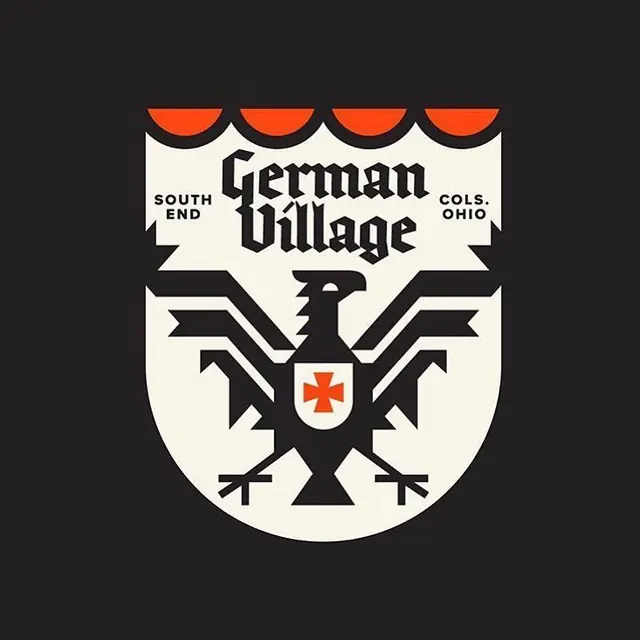 German Village heraldic shield emblem, geometric, retro, light