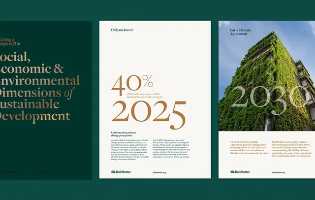 Sustainability report three-panel layout, minimal, corporate-clean, dark