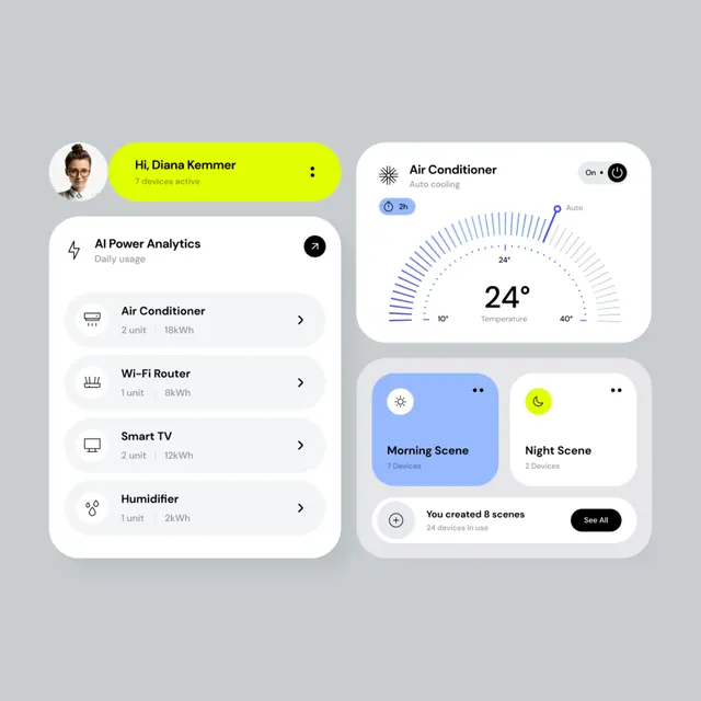 Smart home dashboard with asymmetric panels, minimal, flat, light