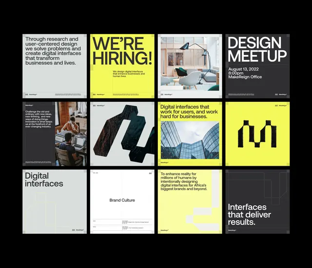 Design agency promotional grid with neon accents, minimal, corporate-clean, light
