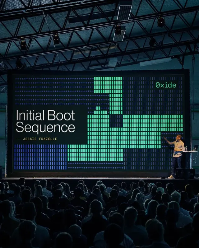 Oxide conference slide with neon data visualization, dark-mode, technical, dark