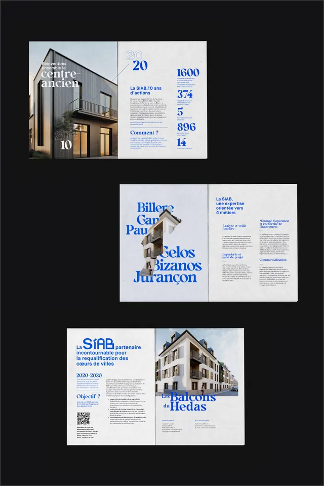 Architectural research publication tri-fold brochure, minimal, corporate-clean, dark