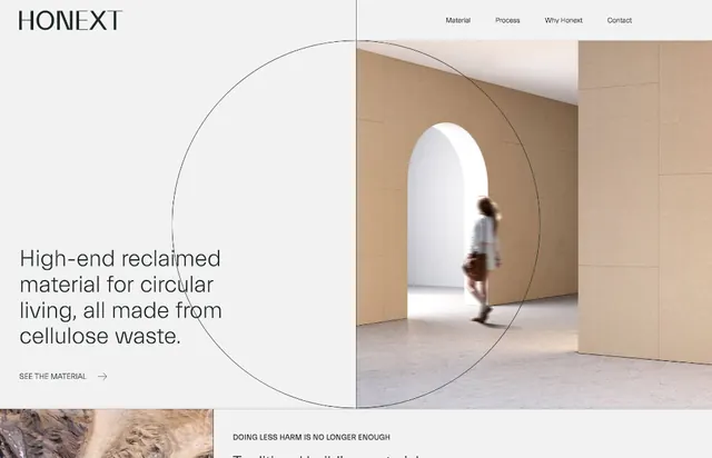Minimal architectural hallway with sustainability messaging, minimal, corporate-clean, light