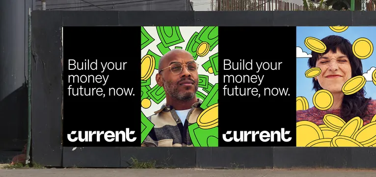 Current fintech split billboard campaign, minimal, dark