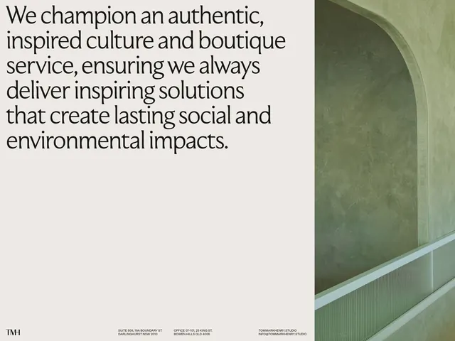 Mission-driven agency layout with geometric architecture, minimal, corporate-clean, light