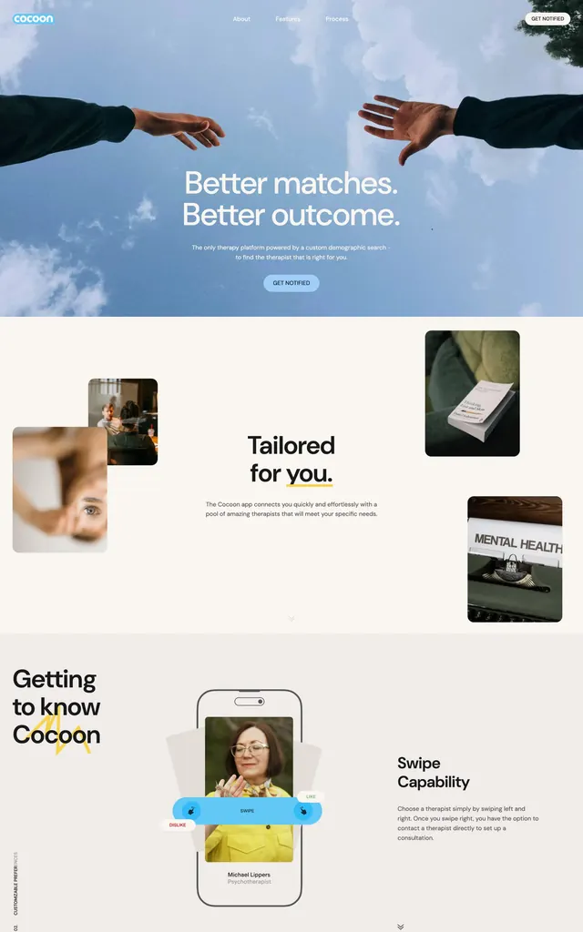 Cocoon mental health landing with two-hands gesture, minimal, corporate-clean, cool