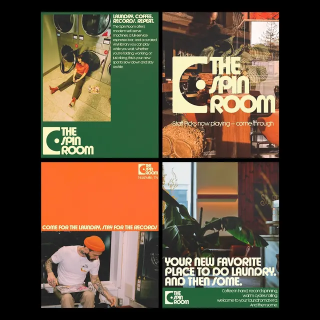 The Spin Room vintage record shop identity, minimal, retro, earthy