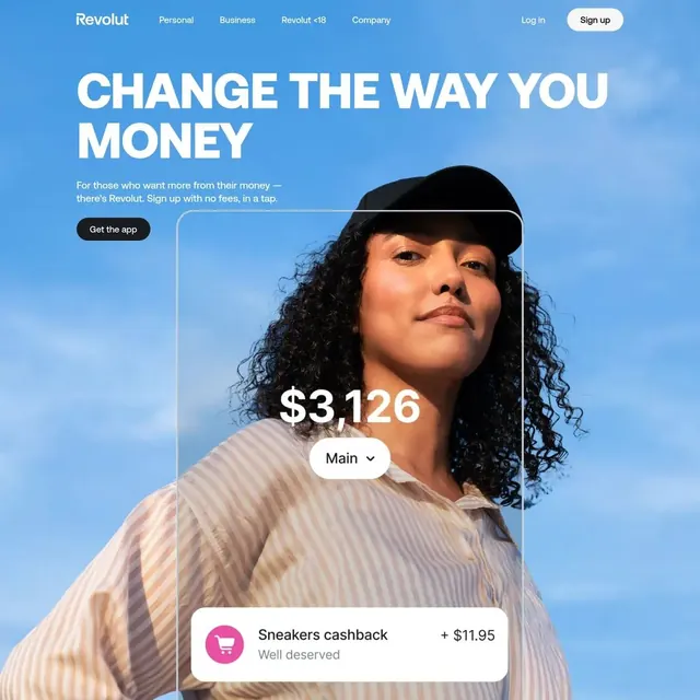 Revolut fintech landing page with portrait and account UI, minimal, corporate-clean, light