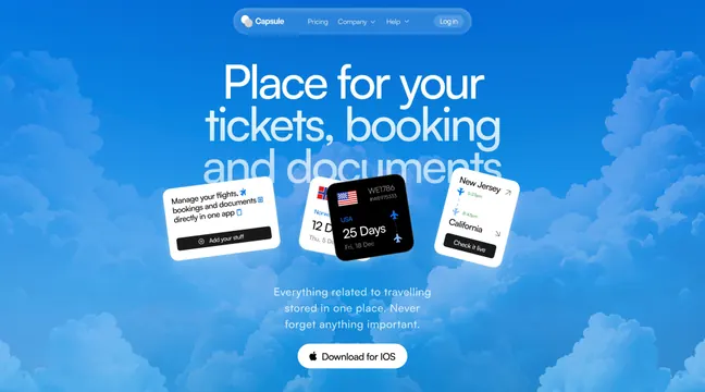 Capsule travel app hero with floating cards, minimal, corporate-clean, light
