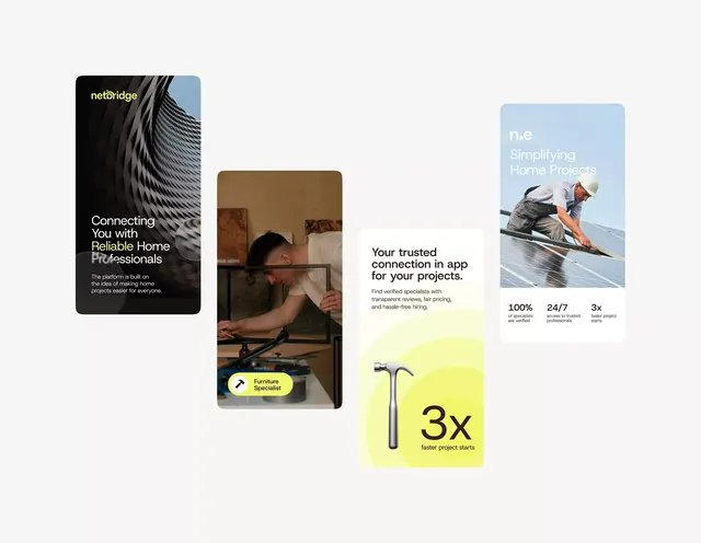 netBridge multi-card platform layout, minimal, corporate-clean, light