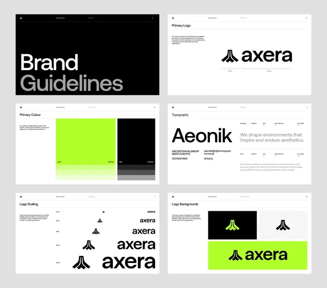 Axera brand guidelines: logo, color, typography, minimal, corporate-clean, dark