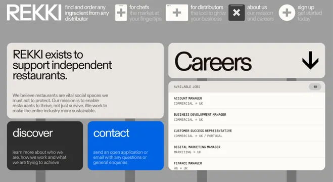 REKKI careers page with two-column layout, corporate-clean, minimal, light