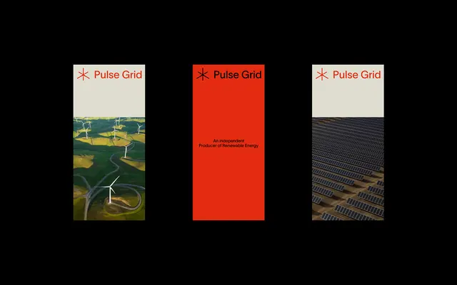 Pulse Grid renewable energy triptych, minimal, corporate-clean, earthy