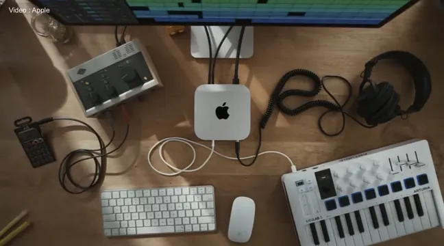 Creative tech workspace overhead shot, photographic, technical, warm