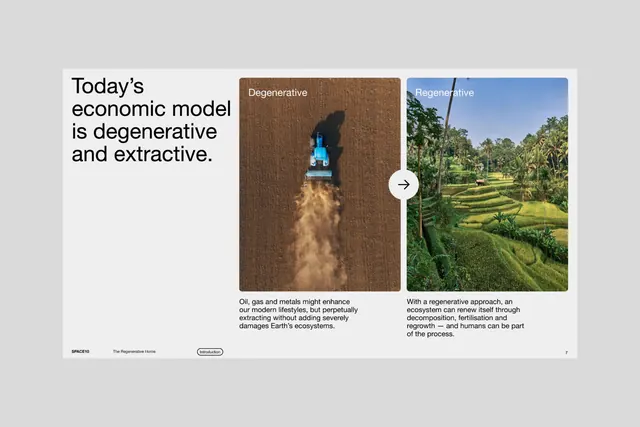 Regenerative vs. degenerative economic model comparison slide, corporate-clean, minimal, light