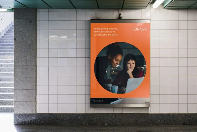FORUUM subway poster with circular portrait, minimal, corporate-clean, light