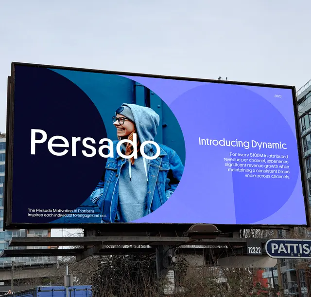 Digital billboard with blue gradient and portrait, corporate-clean, minimal, light