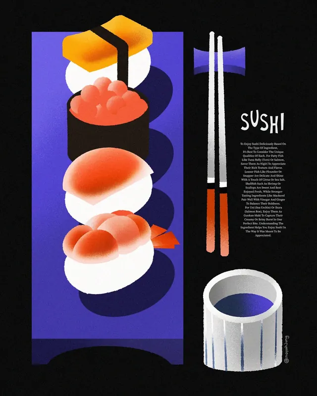 Sushi poster with 3D isometric illustration, minimal, abstract, warm