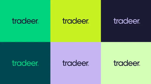 Tradeer fintech logo in 2x3 color-block grid, minimal, corporate-clean, vibrant