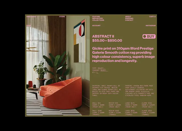 Art print e-commerce product page with earthy tones, light-mode, boxed, warm