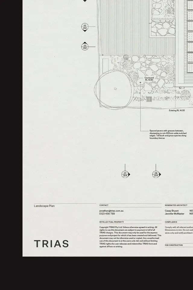 Landscape architecture plan with planting patterns, minimal, technical, light