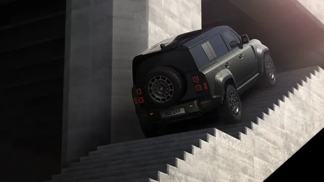 SUV on Concrete Stairs, brutalist, monochrome, dark